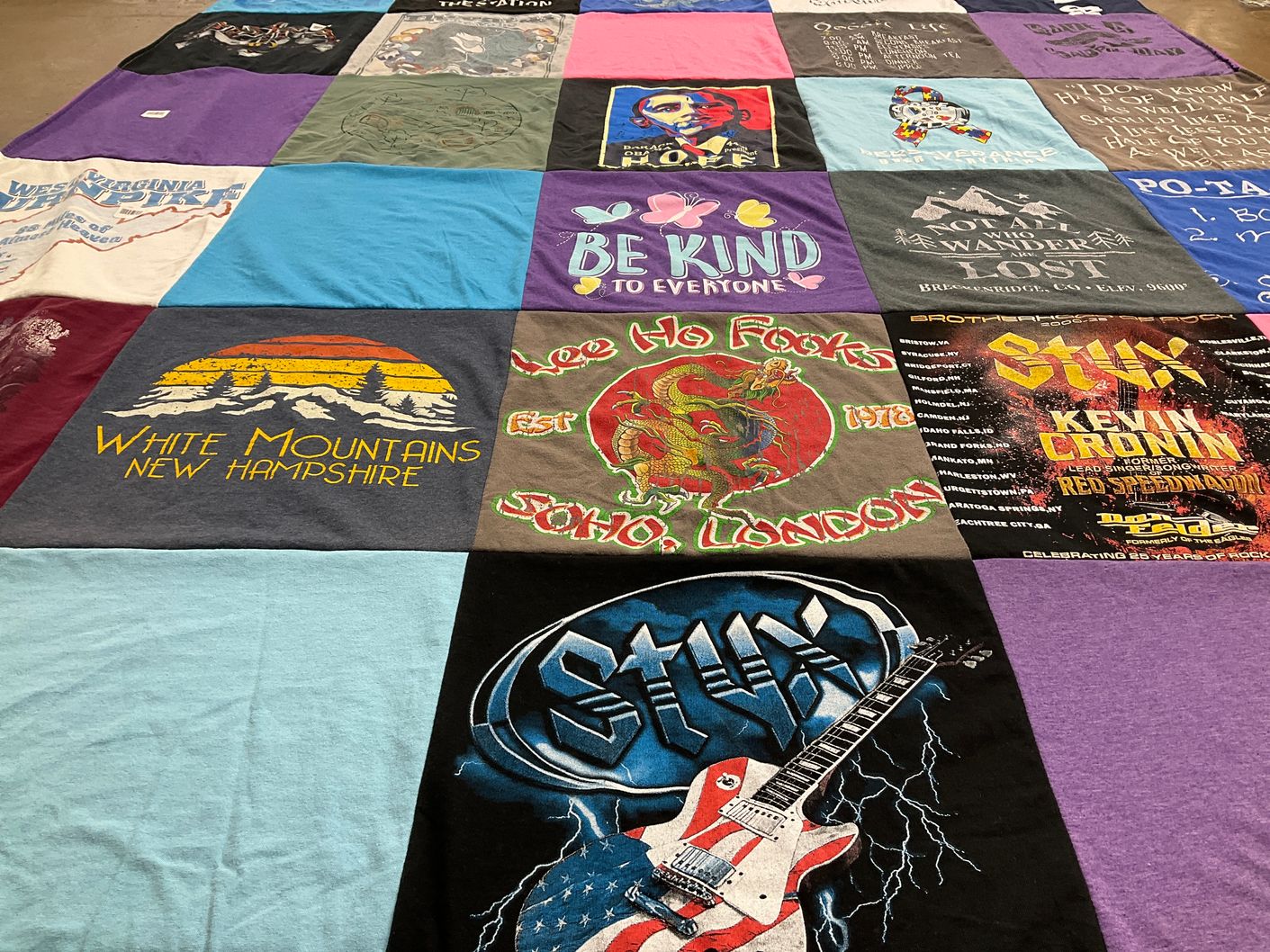 T-shirt quilt with music, travel themes by Mark A Ball from MI