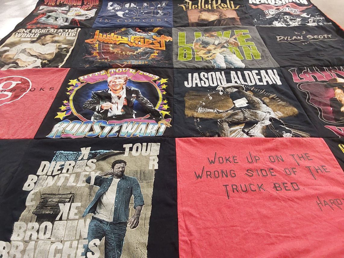 T-shirt quilt with music, concerts themes by Tammy from WV
