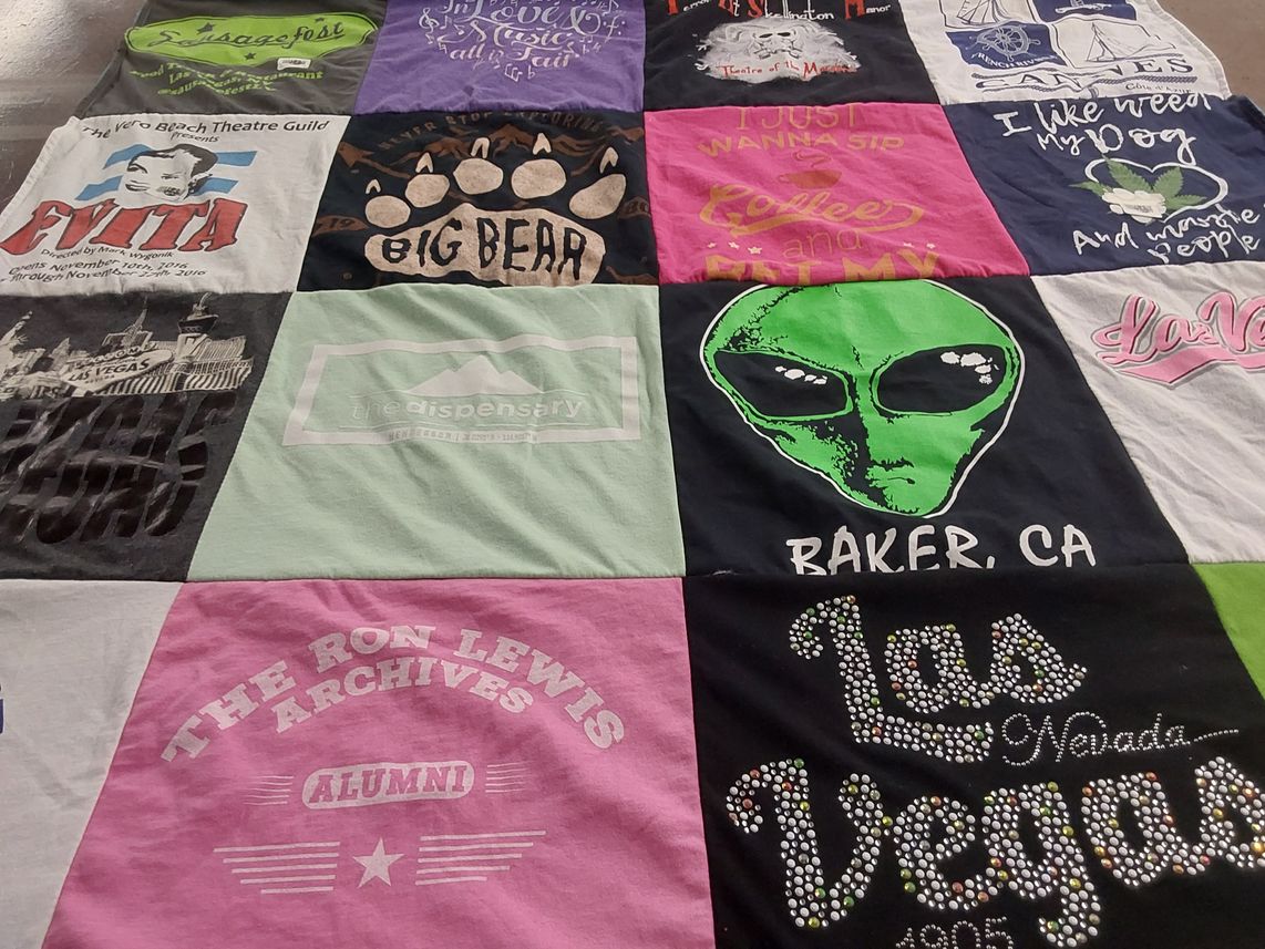 T-shirt quilt with theatre, coffee themes by Eve from FL
