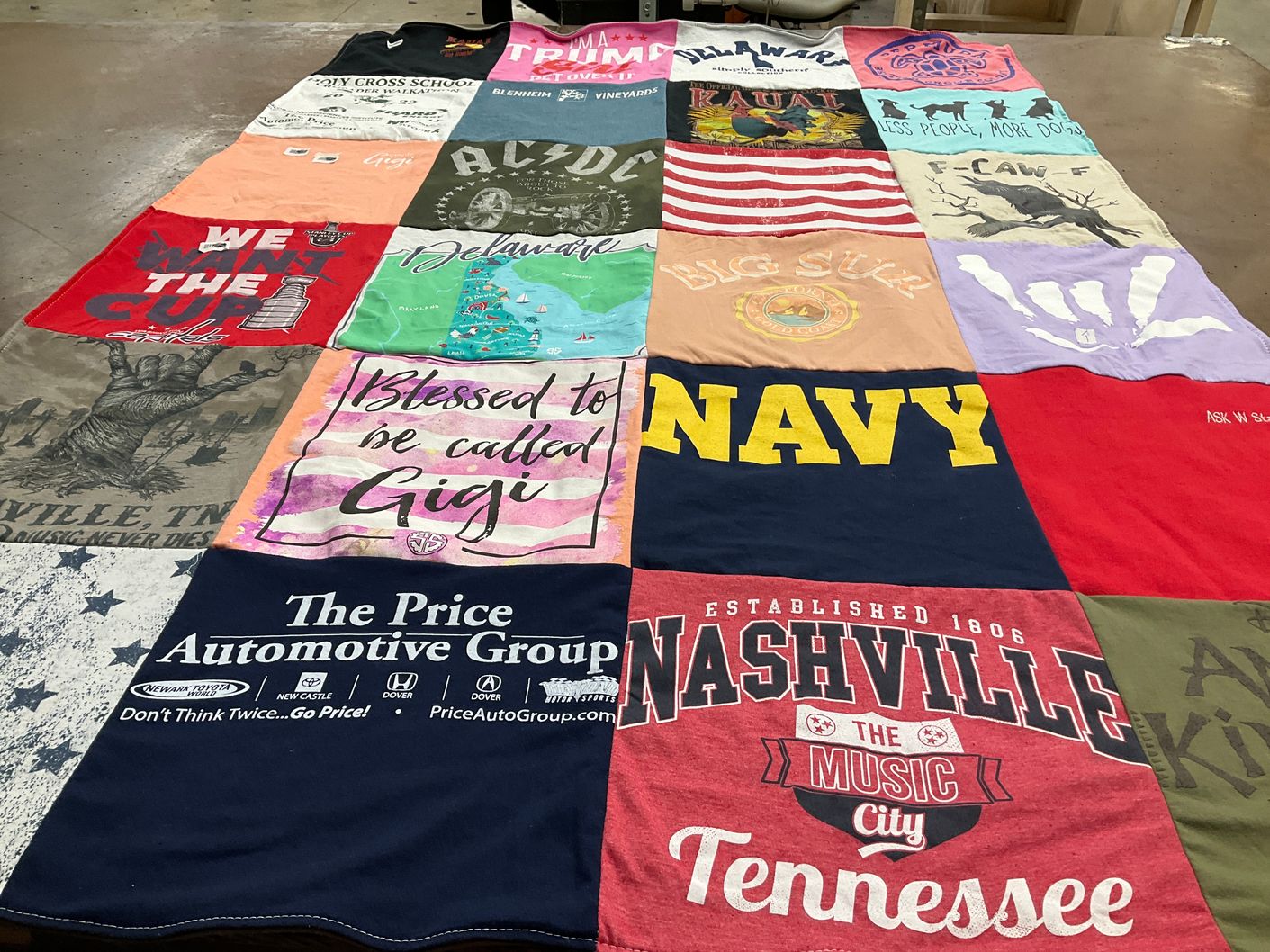 T-shirt quilt with traveling, music themes by Janelle from DE