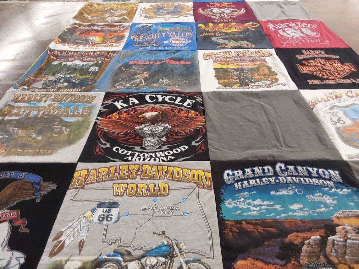 T-shirt quilt with motorcycles, travel themes by Mary from AZ