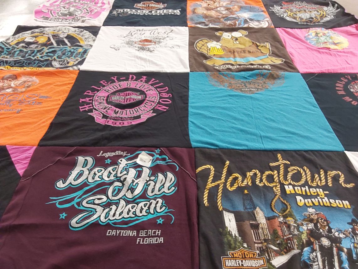 T-shirt quilt with motorcycles, biking themes by Emily from FL