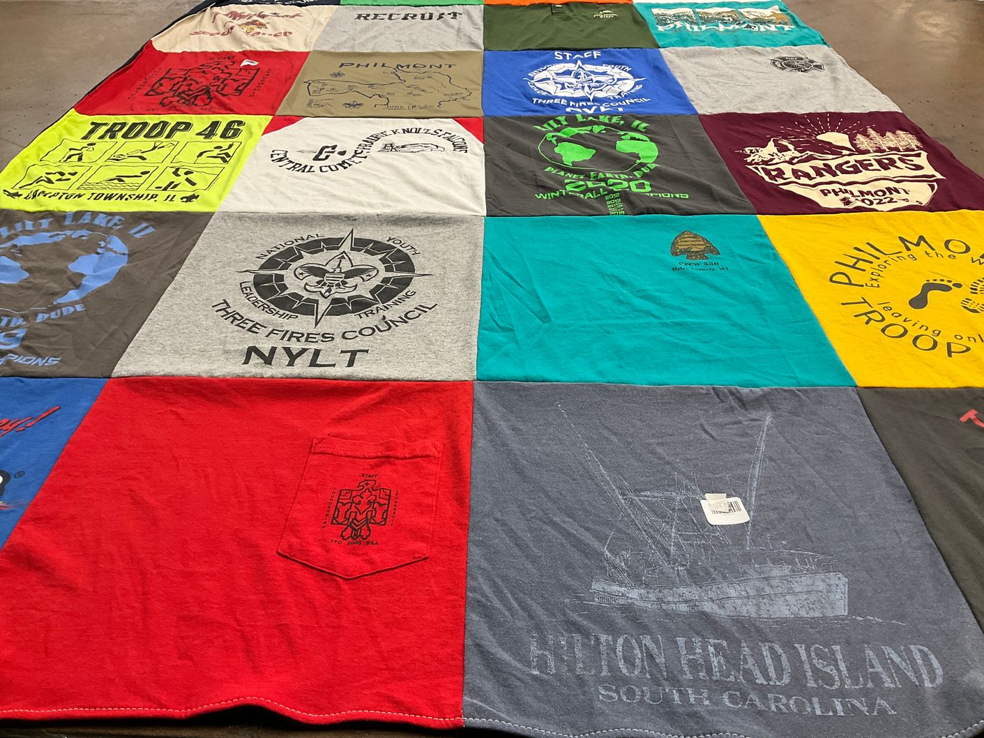 T-shirt quilt with scouting, camping themes by Elizabeth from IL