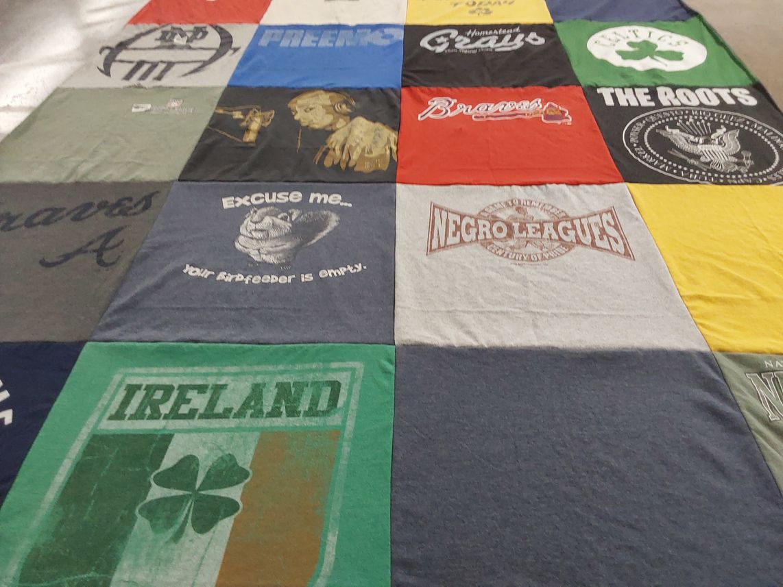 T-shirt quilt with baseball, music themes by Jeannie from ME