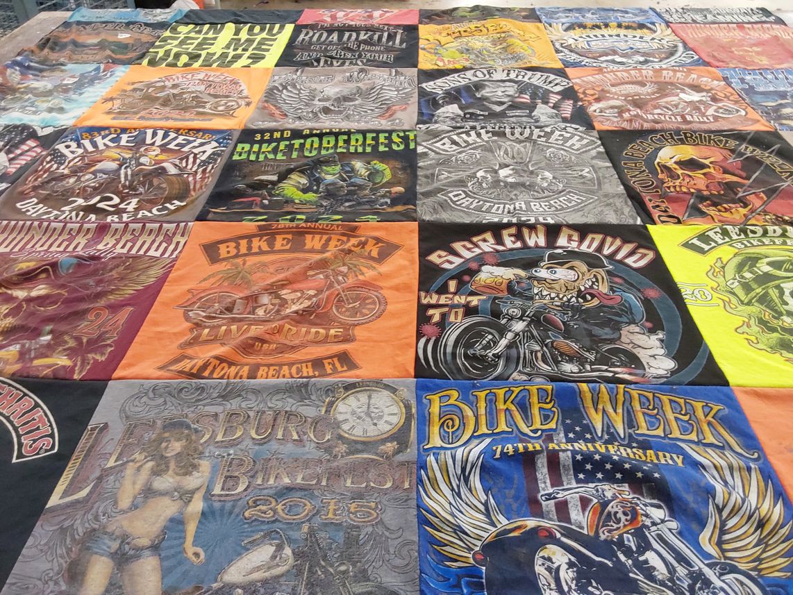 T-shirt quilt with motorcycles, biking themes by Ted from FL