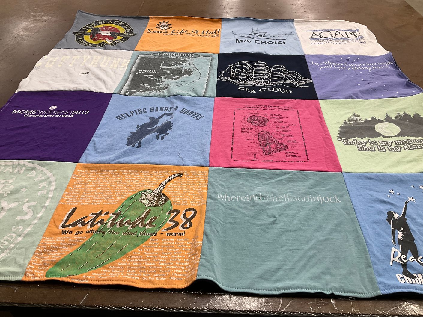 T-shirt quilt with community, outdoors themes by Sara from MA
