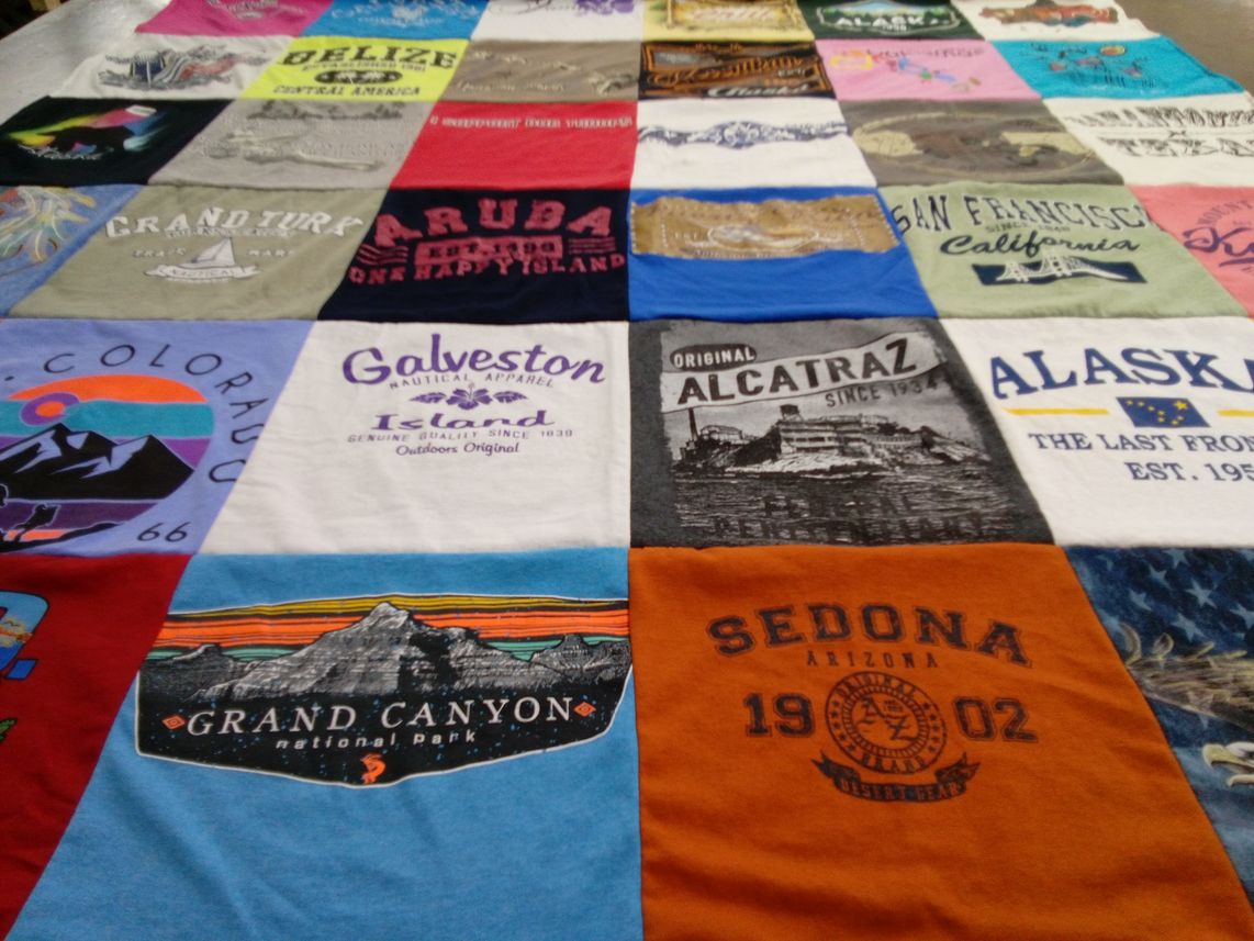 T-shirt quilt with travel, nature themes by Norma from IA