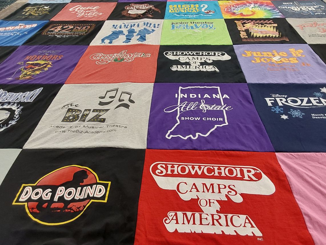 T-shirt quilt with musical theatre, performing arts themes by Sherry from IN
