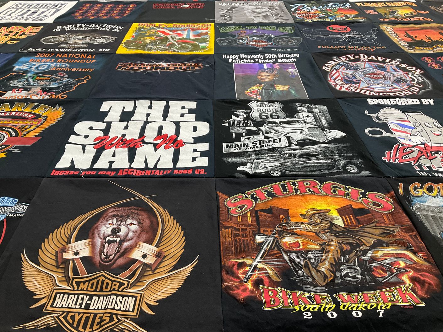 T-shirt quilt with motorcycles, biking themes by Deborah from MD