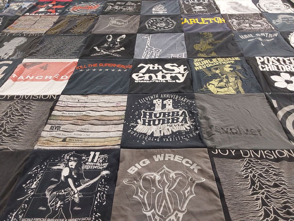 T-shirt quilt with music, concerts themes by Sarah from CA