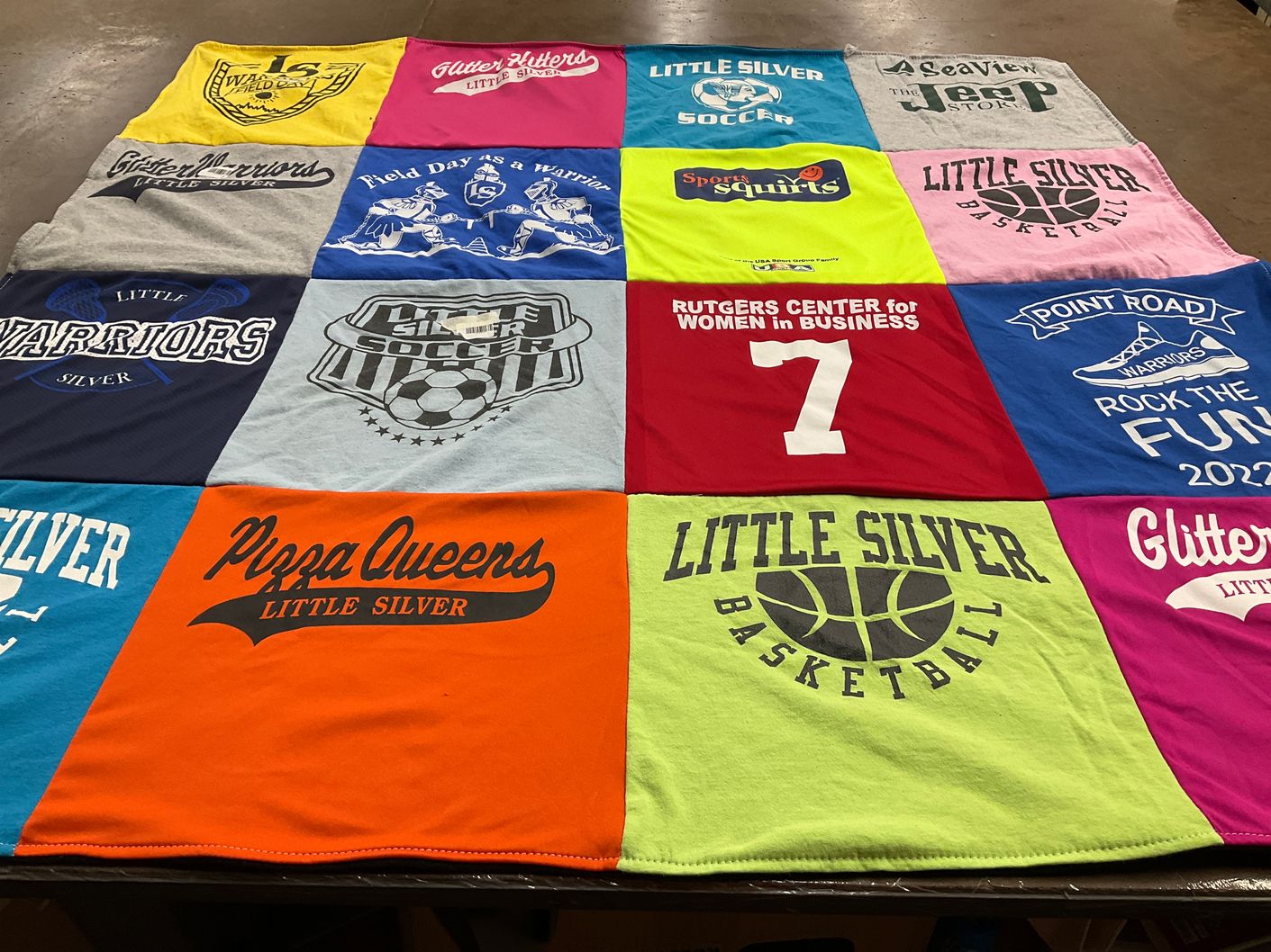 T-shirt quilt featuring little silver basketball, little silver soccer by Devan from NJ
