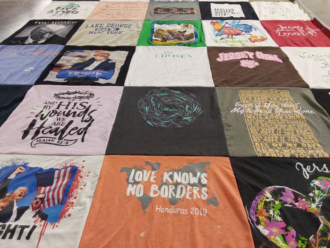 T-shirt quilt with traveling, faith themes by Patricia from FL