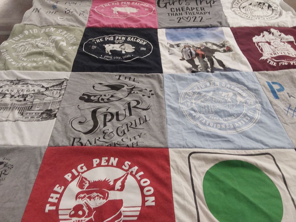 T-shirt quilt with travel, entertainment themes by David from CA