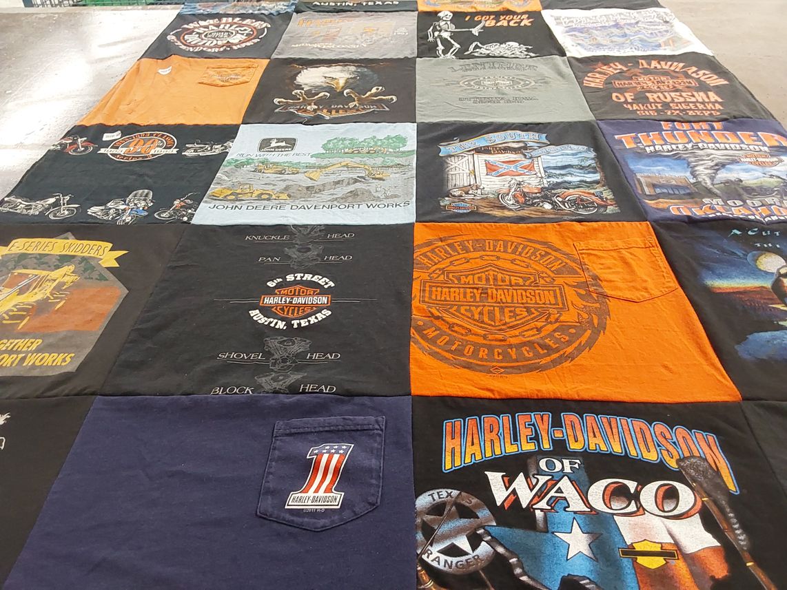 T-shirt quilt with motorcycles, biking themes by Crista from TX