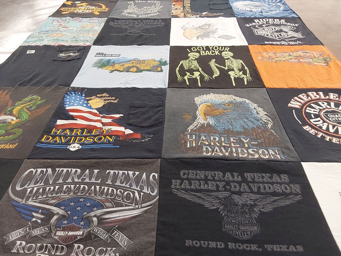 T-shirt quilt with motorcycles, biking themes by Crista from TX