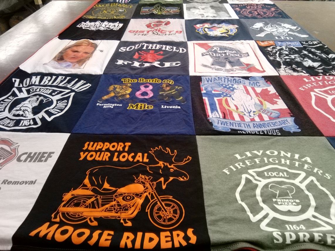 T-shirt quilt with motorcyclists, firefighting themes by Mike from MI
