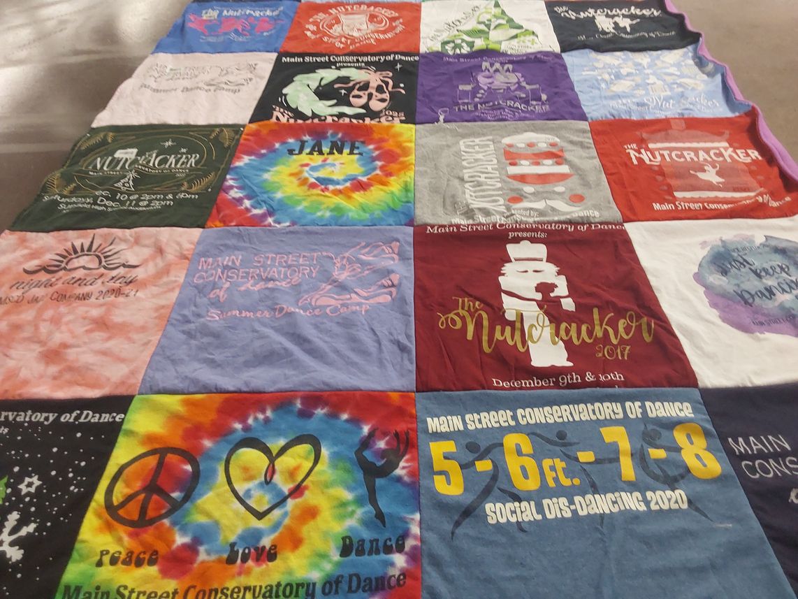 T-shirt quilt with dance, performing arts themes by Andrea from WI