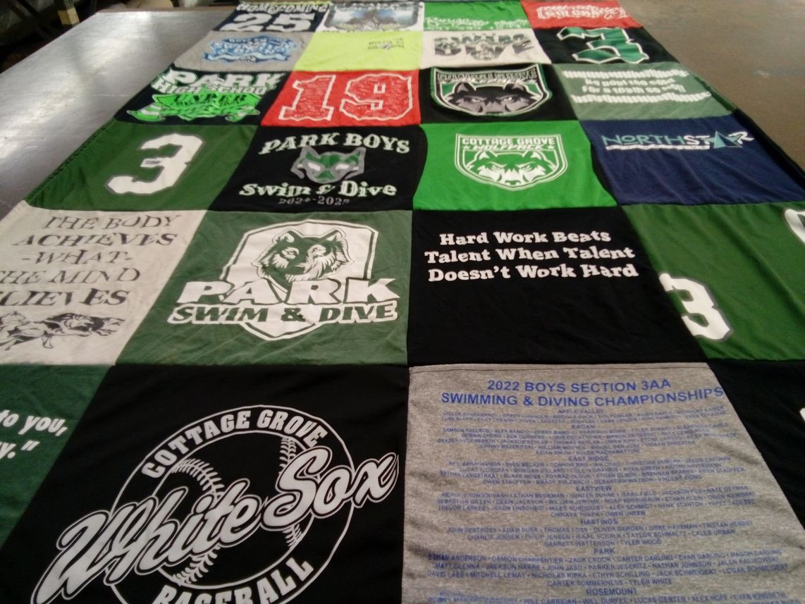 T-shirt quilt featuring park swim and dive team, cottage grove white sox baseball team by Jennifer from MN