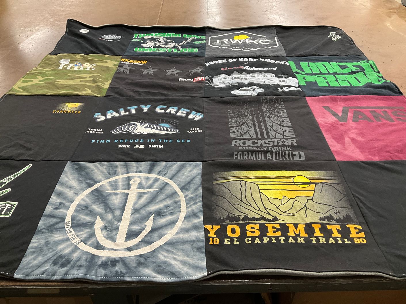 T-shirt quilt with outdoor, adventure themes by lisa from CA