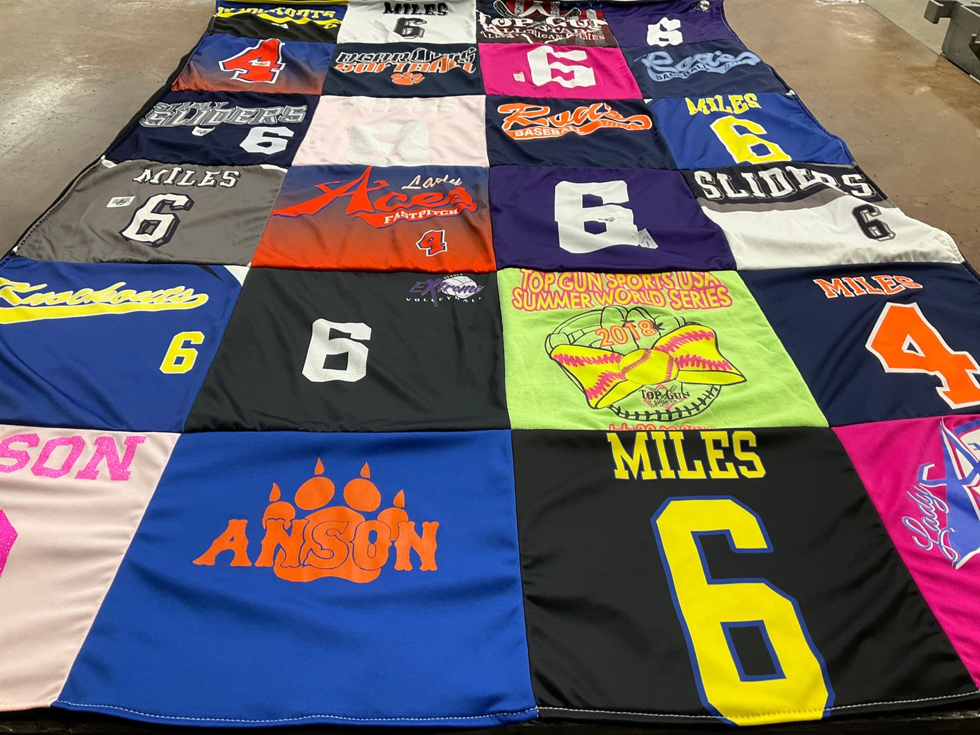 T-shirt quilt with softball, baseball themes by Kelly from NC