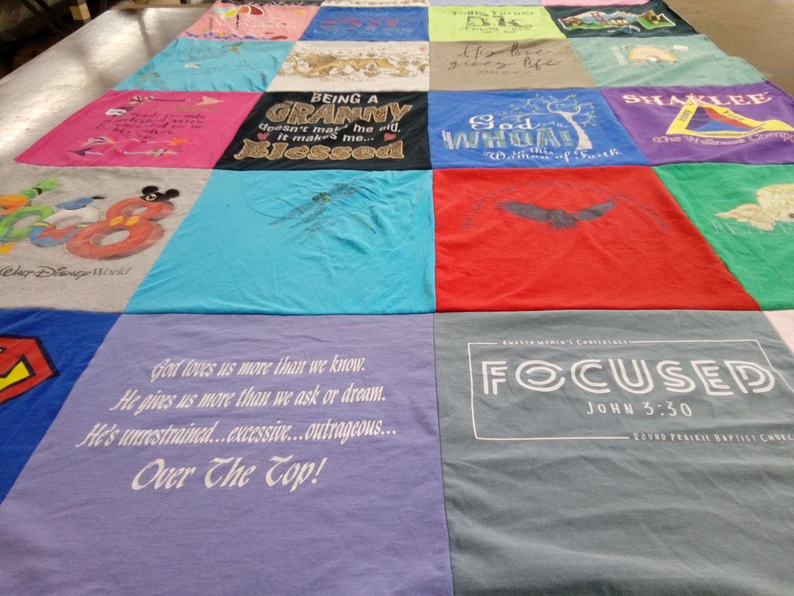 T-shirt quilt with religion, family themes by Sandi from TX