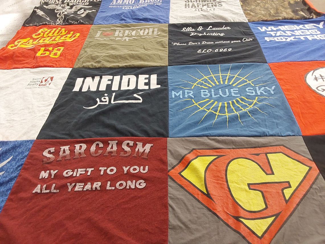 T-shirt quilt with humor, driving themes by Sara from CA