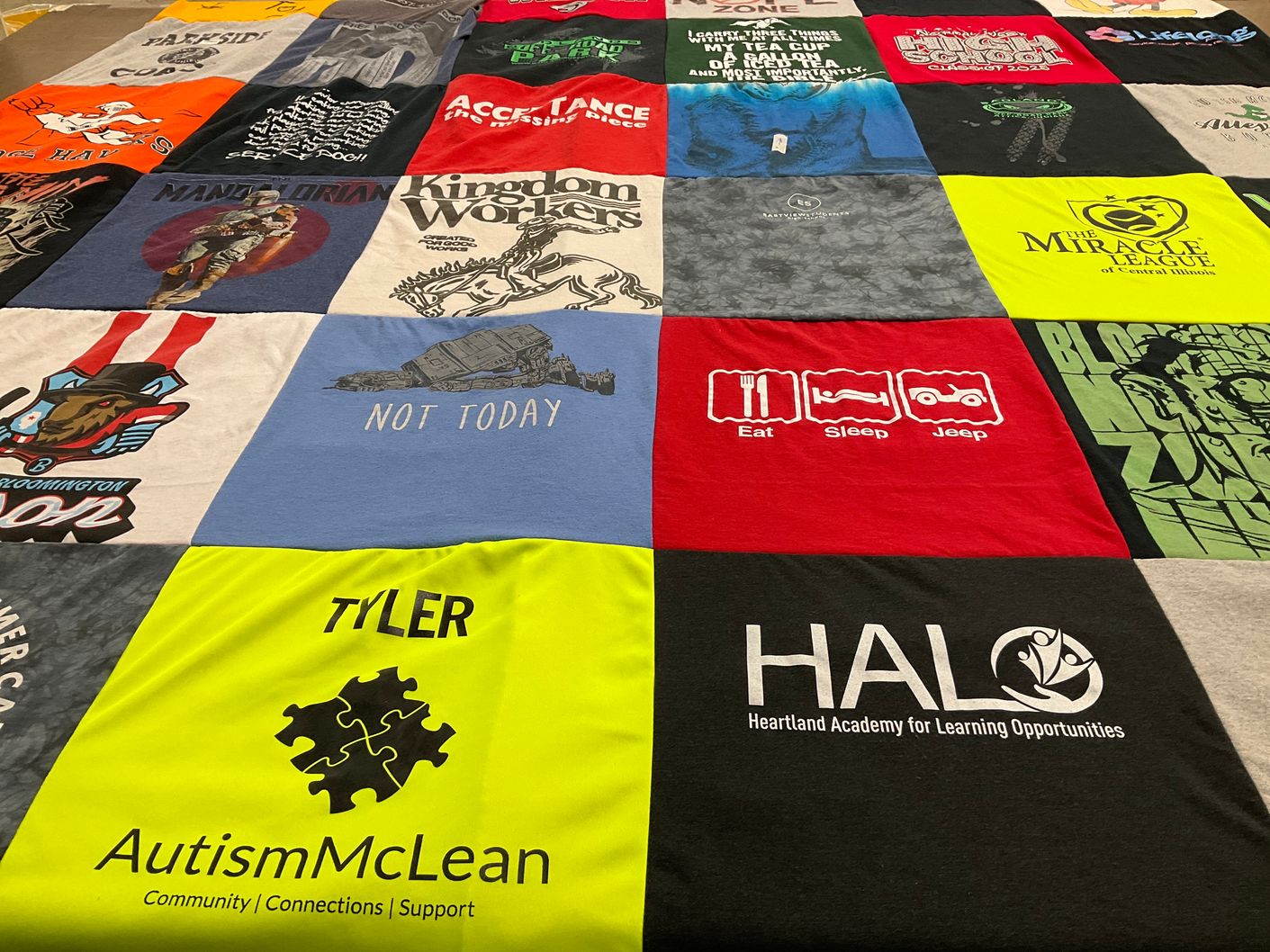 T-shirt quilt with learning, community support themes by Dawn from IL