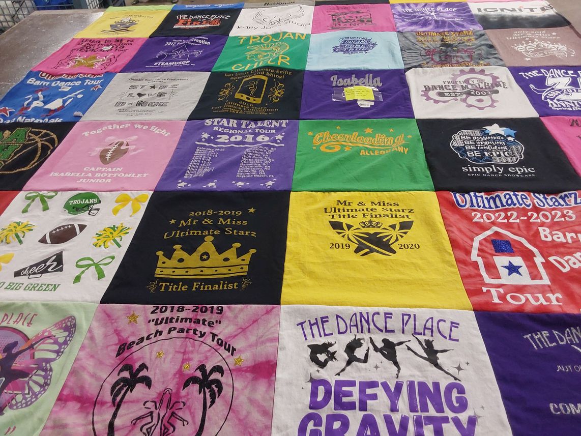 T-shirt quilt with dance, cheerleading themes by Renea from NC