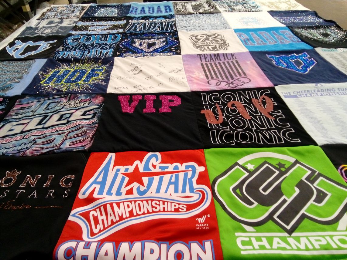 T-shirt quilt with cheerleading, dance themes by Rachael from IL