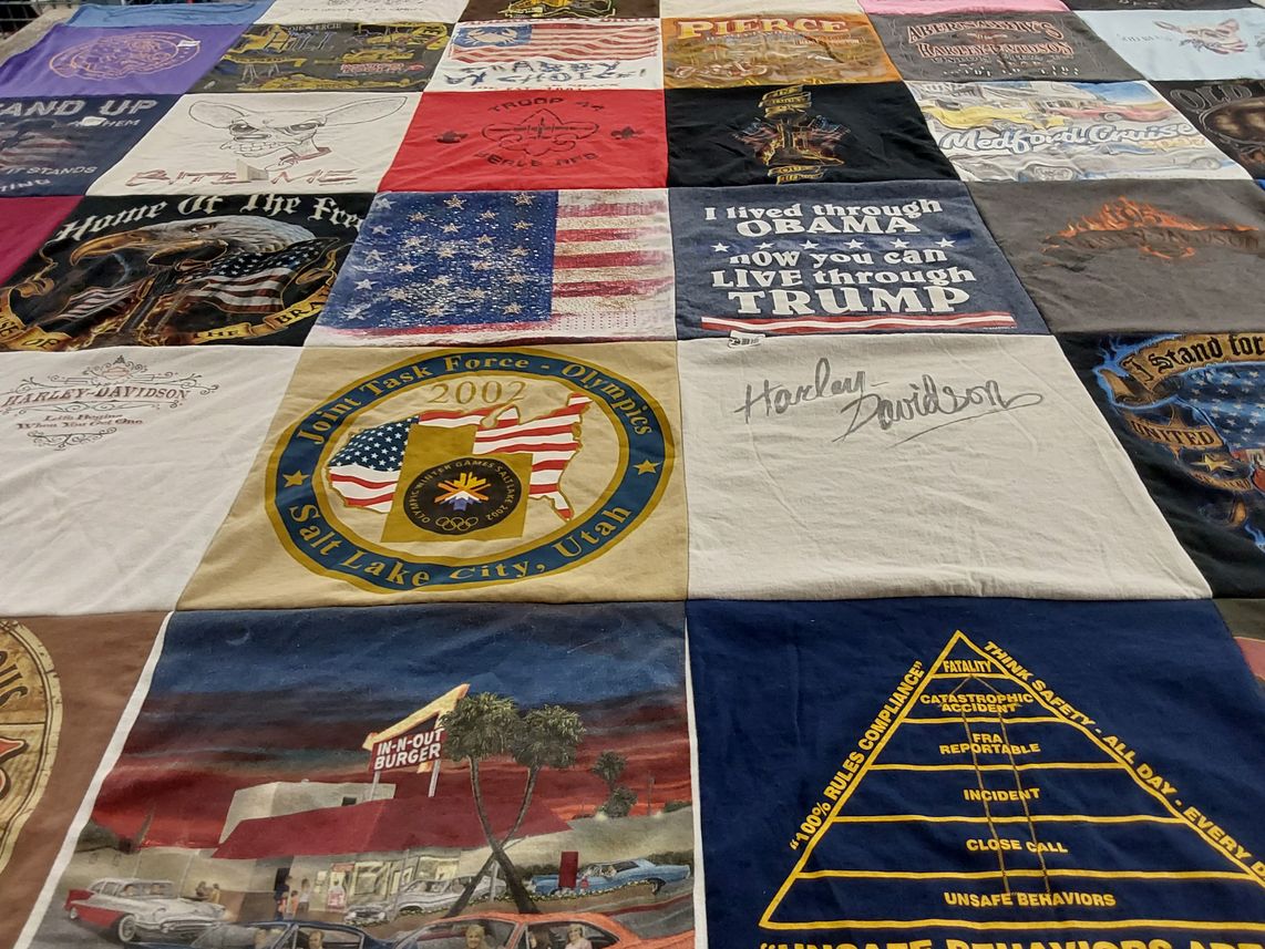T-shirt quilt with motorcycles, politics themes by Veronica from OR