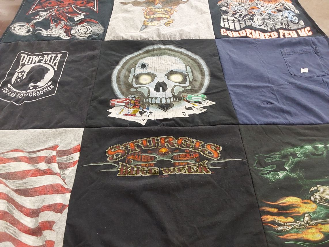 T-shirt quilt with motorcycling, biker culture themes by Patricia from NH