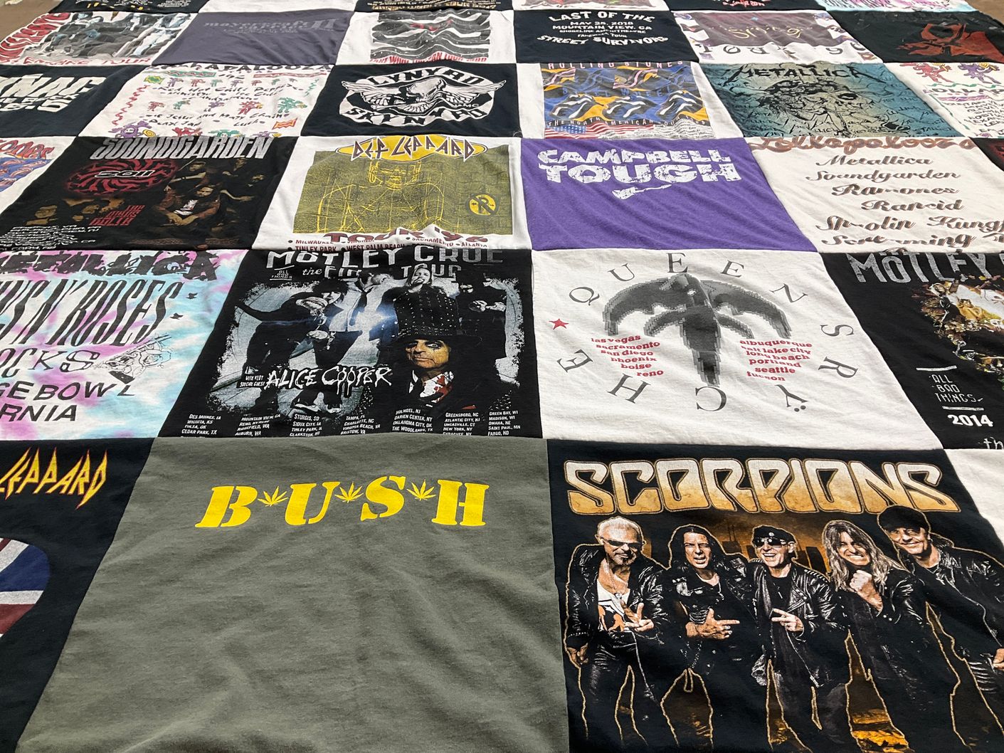 T-shirt quilt with rock music, concerts themes by Wendy from CA