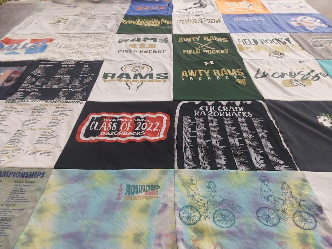 T-shirt quilt featuring awty rams, hogg middle school razorbacks by Olivia from TX