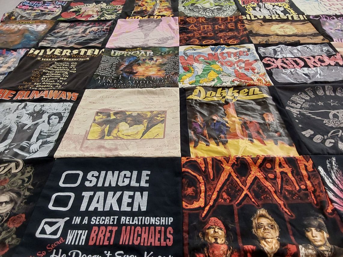 T-shirt quilt with music, rock themes by Amber from UT