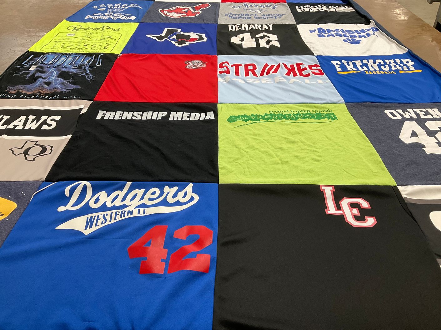 T-shirt quilt with sports, baseball themes by Geneva from TX
