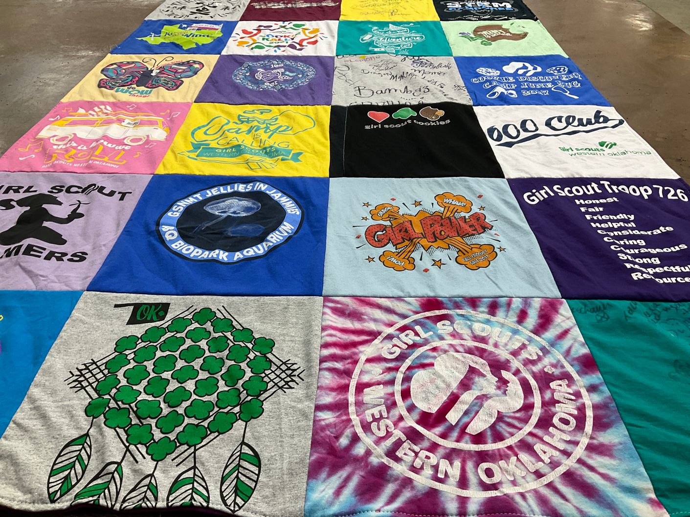 T-shirt quilt with girl scouting themes by Rebeccah from NJ