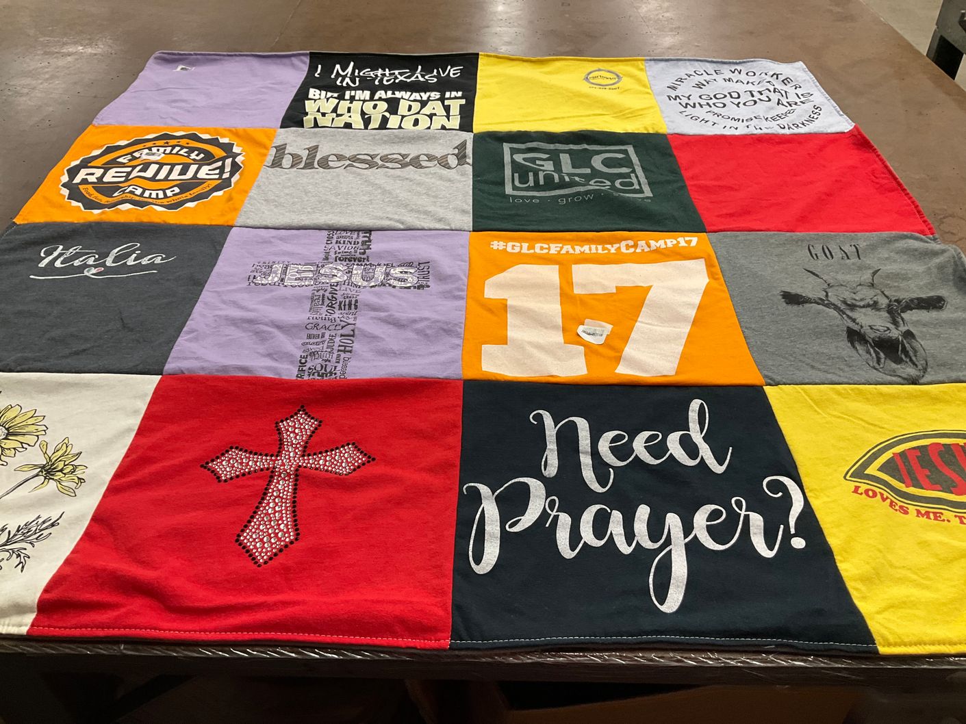 T-shirt quilt with faith, camping themes by Jackie from TX
