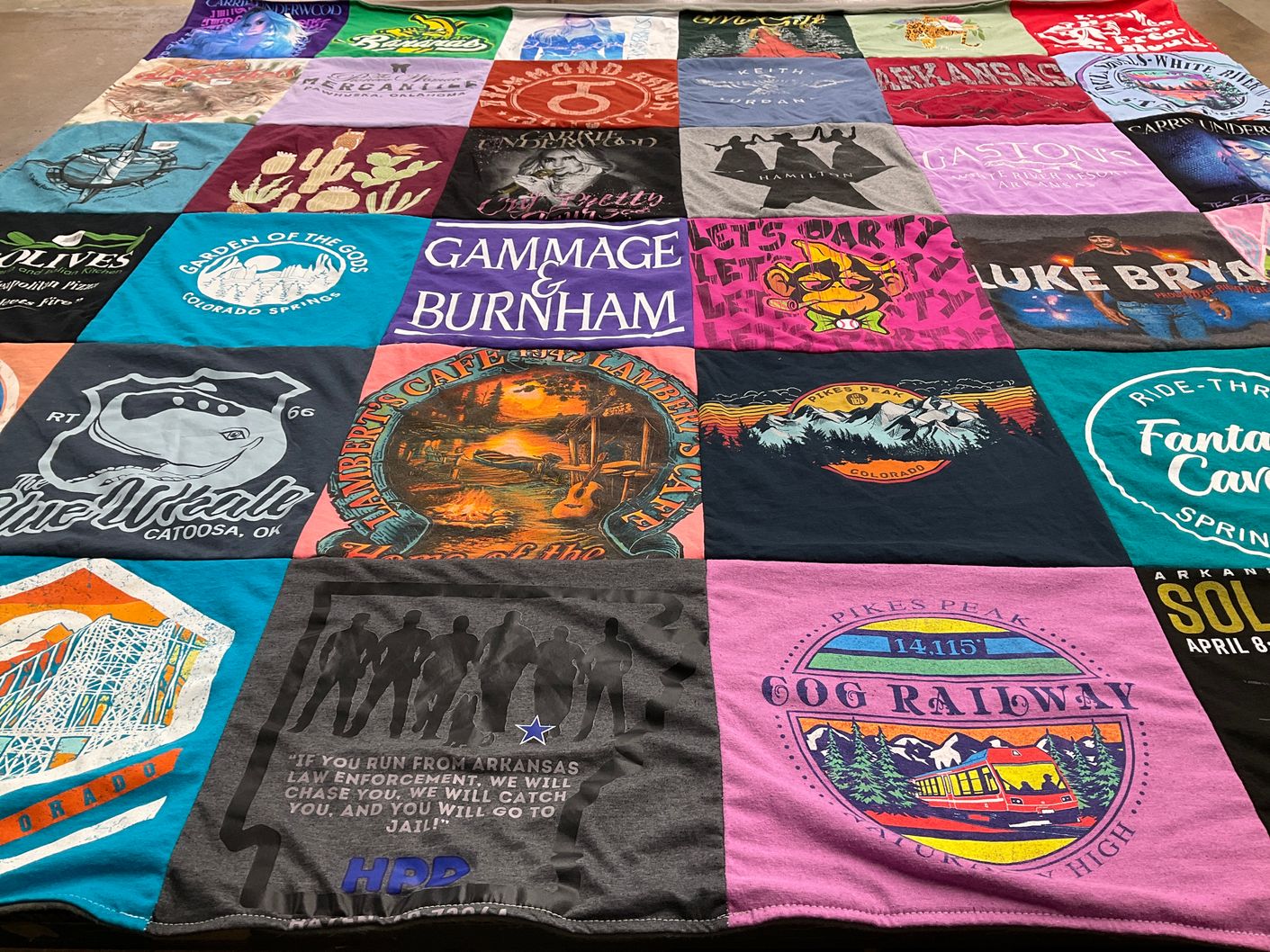 T-shirt quilt with music, travel themes by Paula from AR