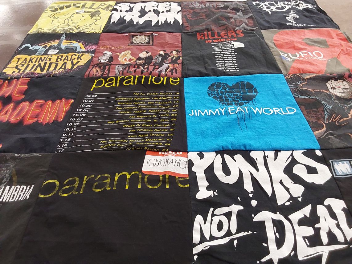 T-shirt quilt with music, punk themes by Reyna from AZ