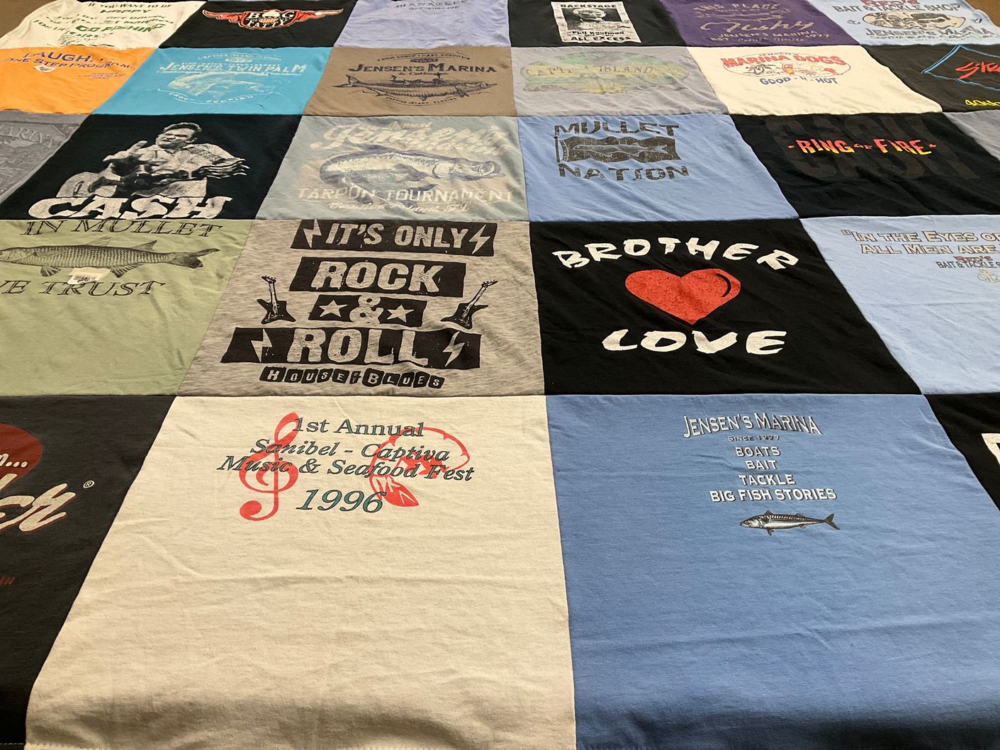 T-shirt quilt with music, fishing themes by James from FL