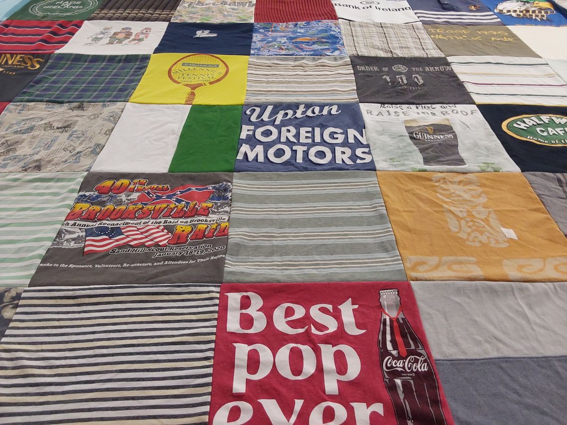 T-shirt quilt with history, beverages themes by Janet from SC