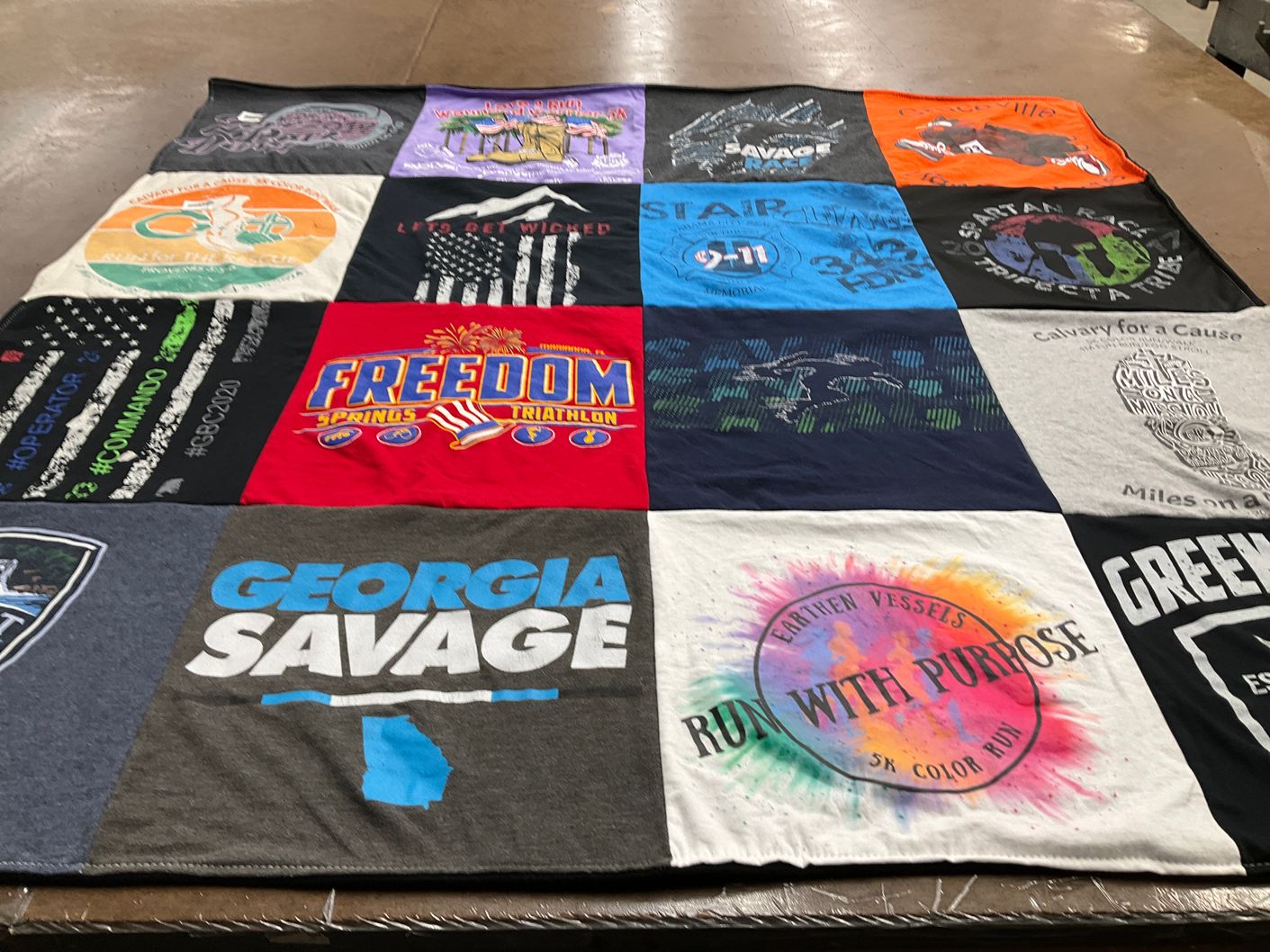 T-shirt quilt with running, triathlons themes by Laura from FL