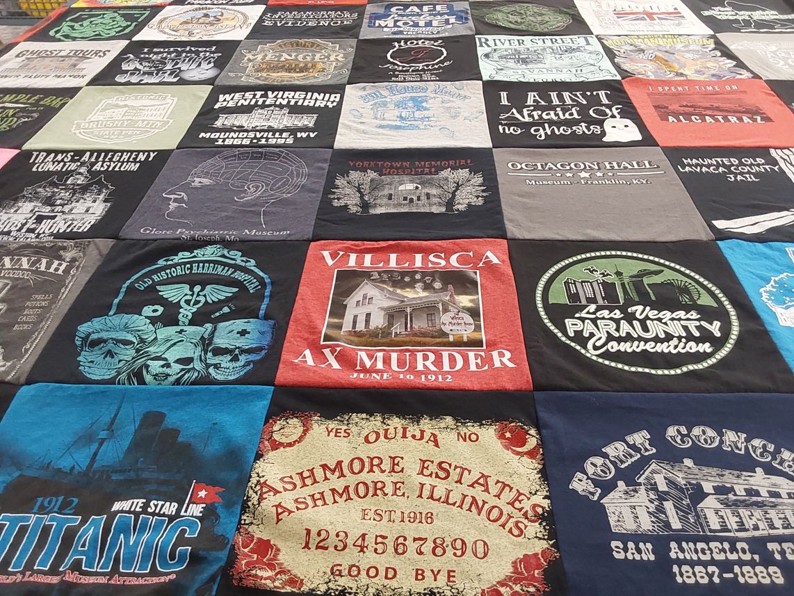 T-shirt quilt with ghost tours, paranormal themes by Jamie from OK