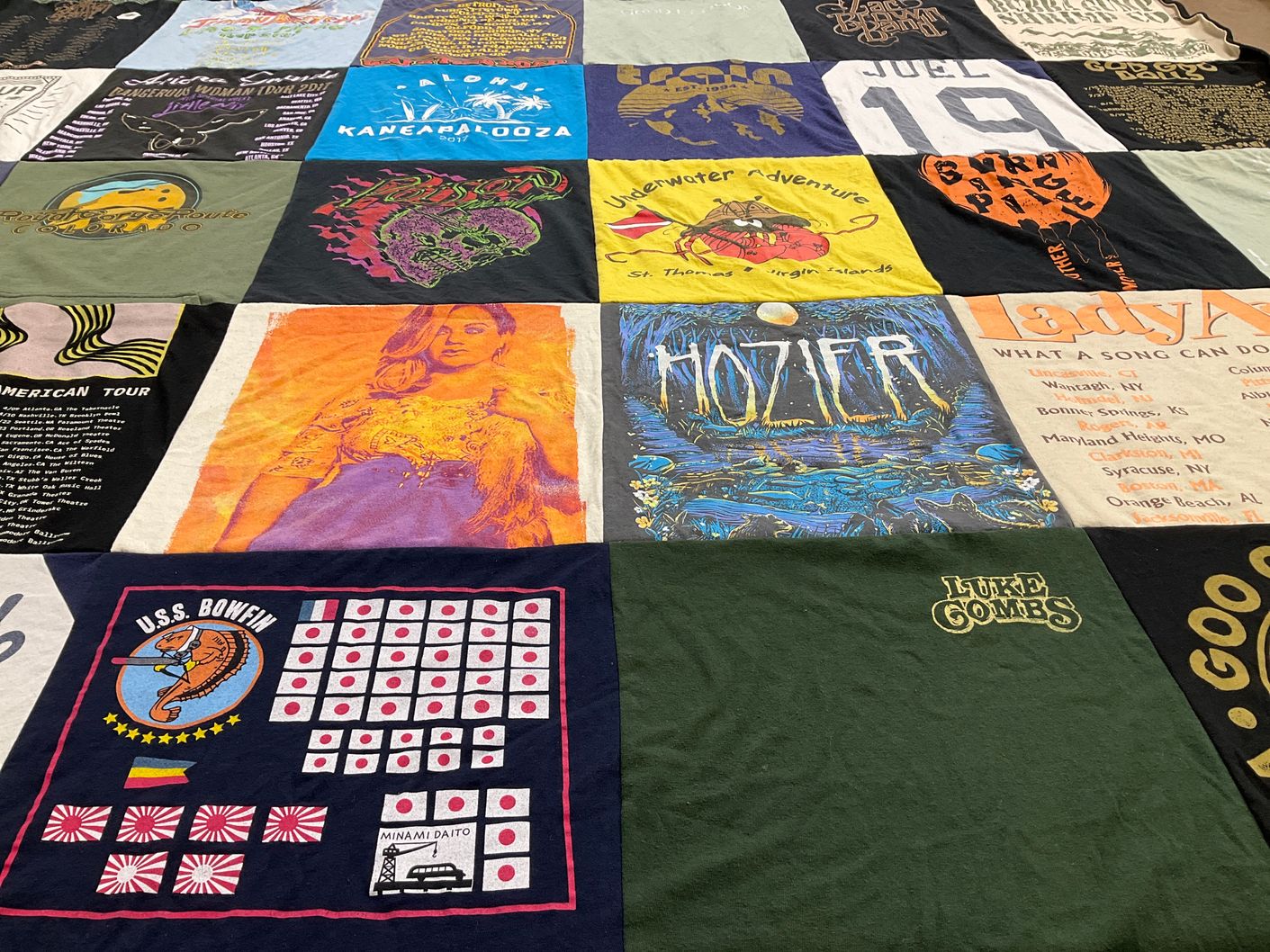 T-shirt quilt with music, concerts themes by Christina from CO
