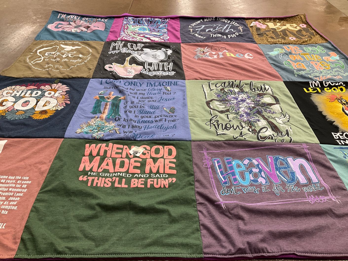 T-shirt quilt with spirituality, faith themes by Donna from FL