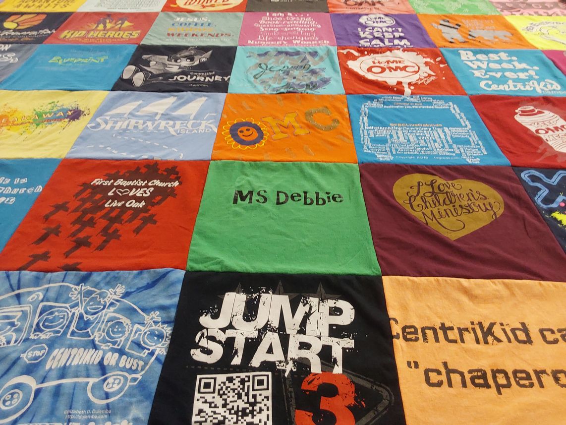 T-shirt quilt with children's ministry, community service themes by Deborah from FL
