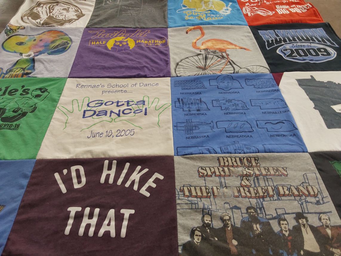 T-shirt quilt with dance, music themes by Jess from MN