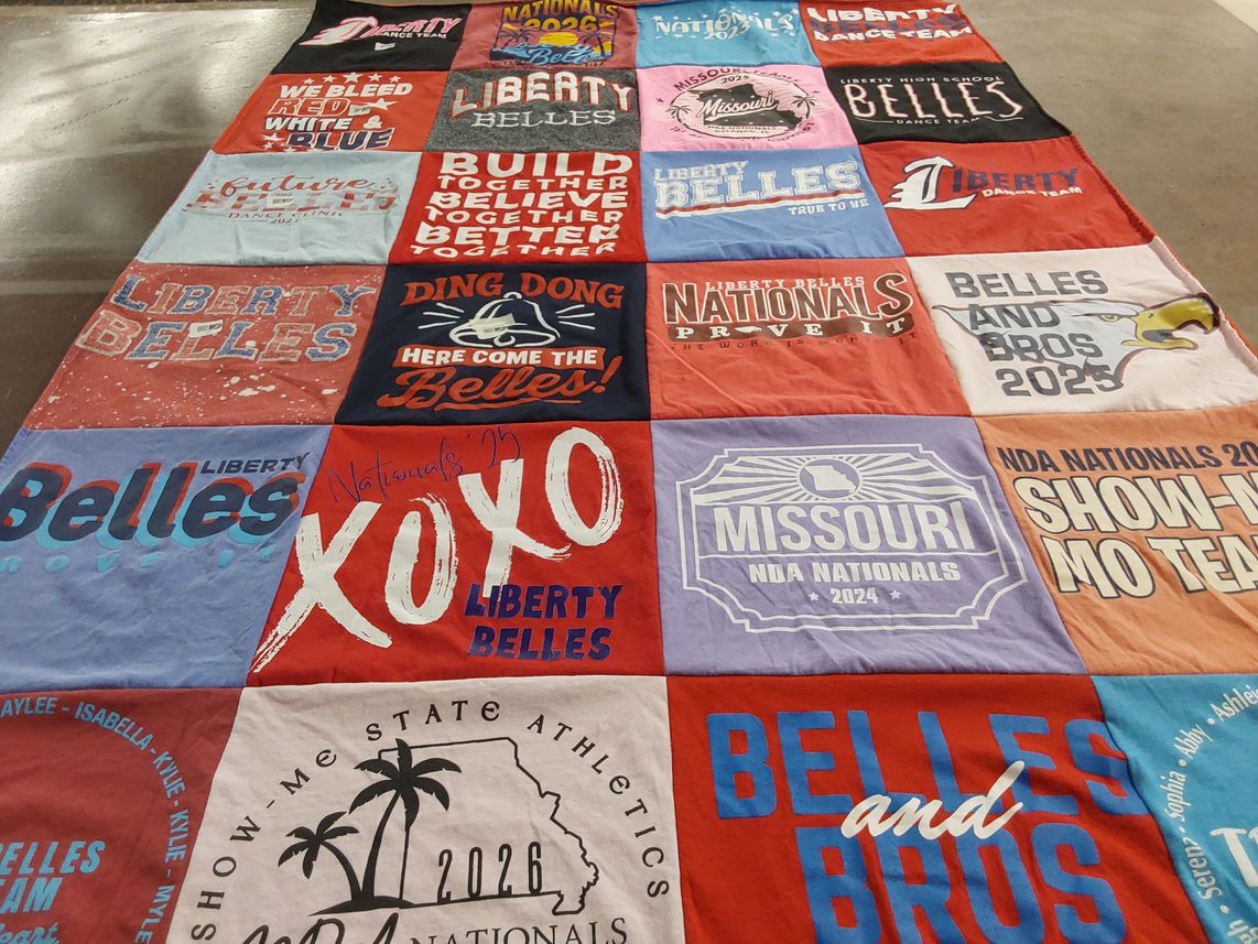 T-shirt quilt featuring liberty dance team, liberty belles by Julie from MO