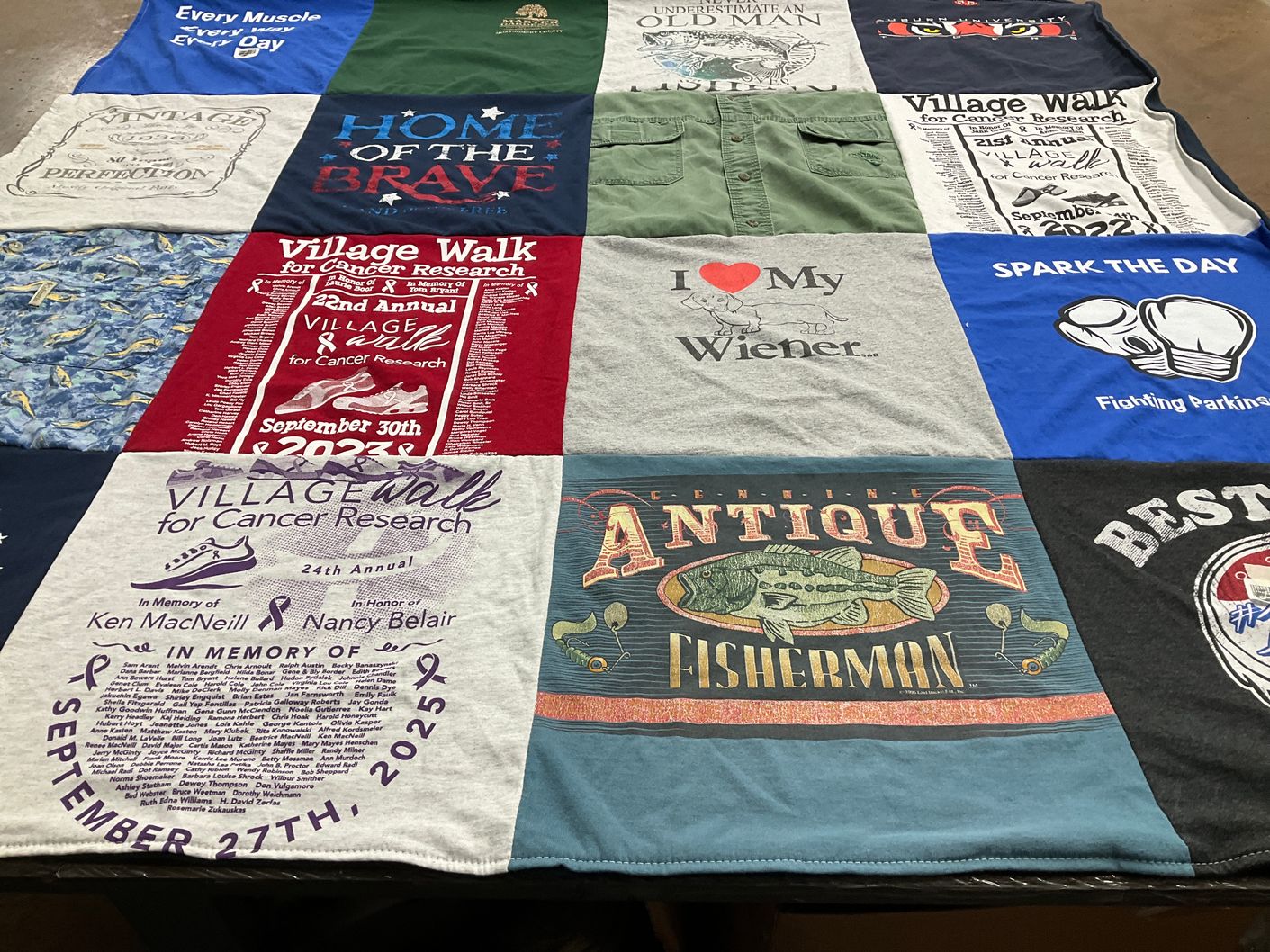 T-shirt quilt with cancer research themes by Lisa from AR