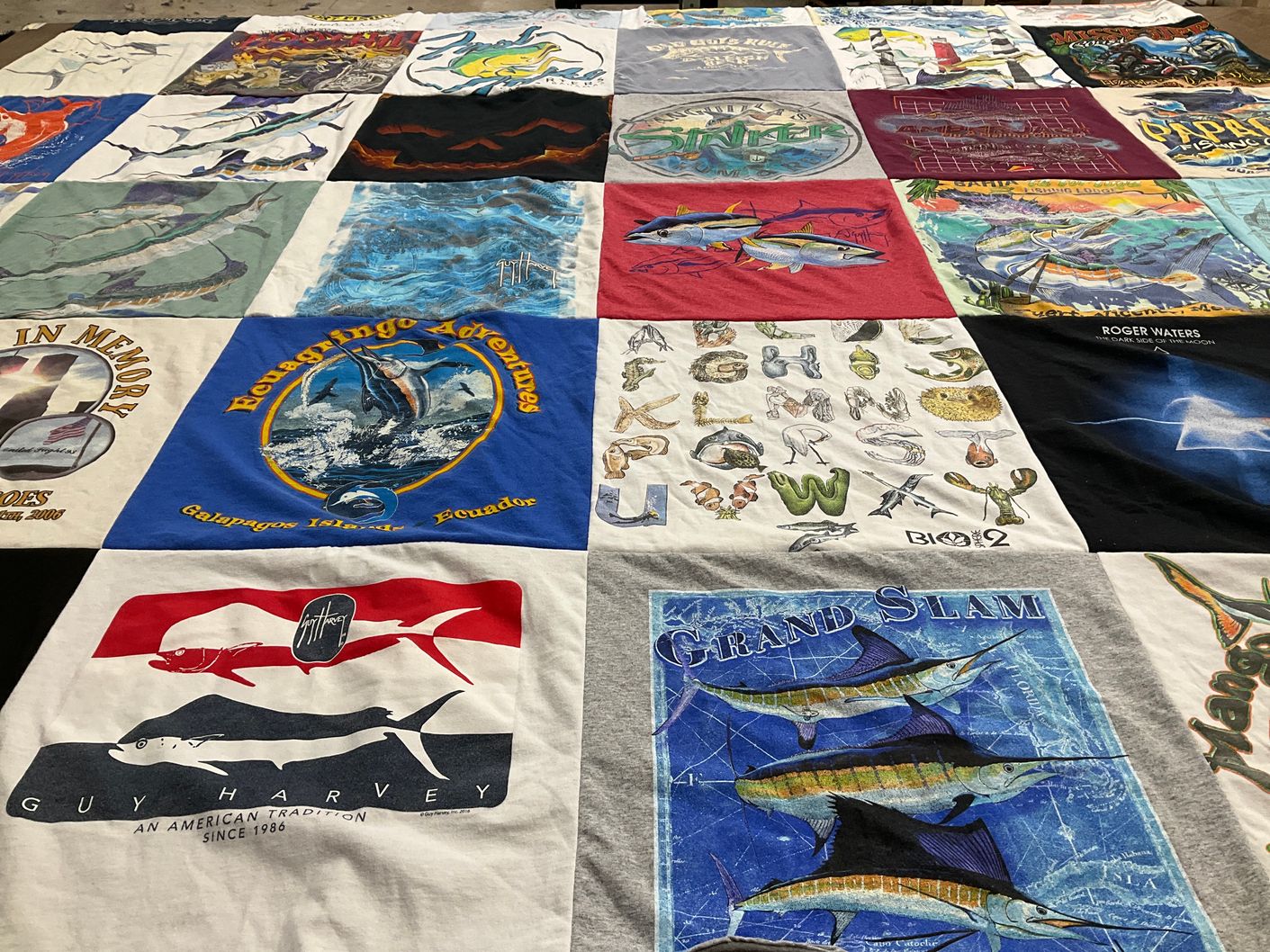 T-shirt quilt with fishing, marine life themes by James from FL